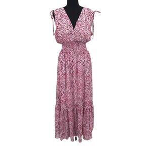 Kate and Lily Maxi Dress Women 12 Pink Boho Smocked Tiered Leaf Print Summer